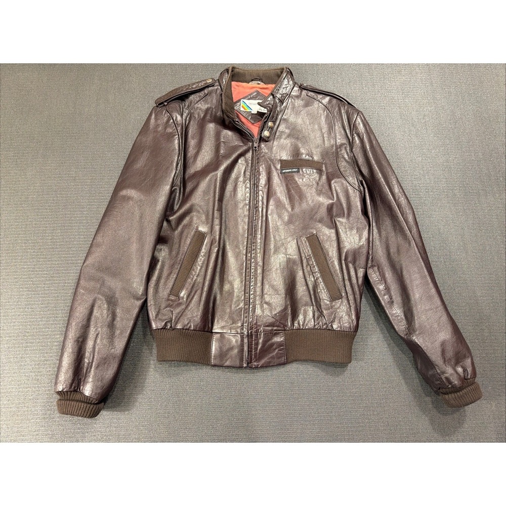 Members Only Leather Cafe Racer Jacket Men 44L VTG 80s Brown Bomber‎ Rainbow Tag